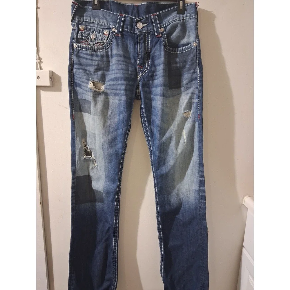 True Religion Section Straight Mens Jeans Size 31 Distressed Patchwork BlueDenim